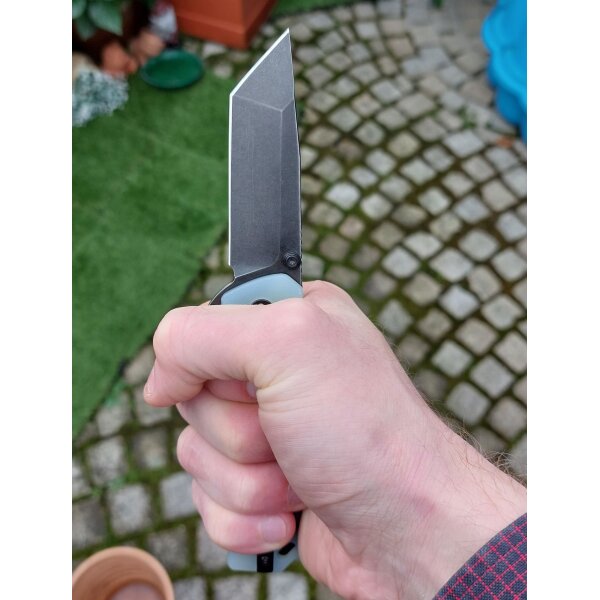 QSP Knife Grebe T Button Lock QS148-D2 14C28N Stahl G10 Griff