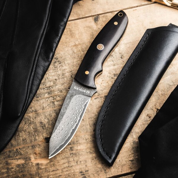 Böker Magnum Vernery Damast Knife Damastmesser mit Lederscheide und Mosaikpin fixed feststehend Messer 02SC018DAM