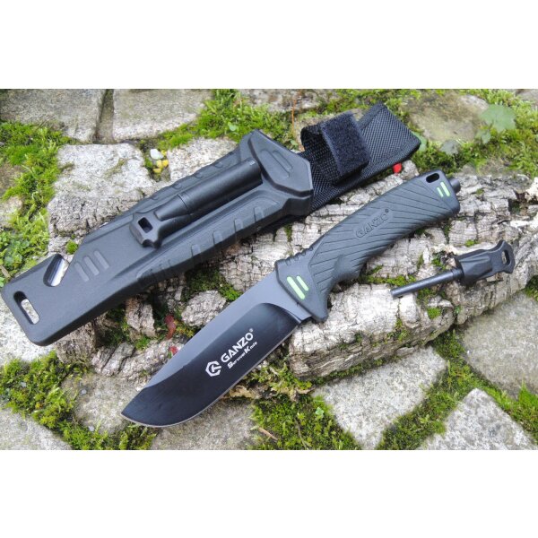 Ganzo Survival Knife G8012-BK 7Cr17MoV Kunststoff Schwarz inkl. Feuerstarter Schärfer Kunststoffscheide