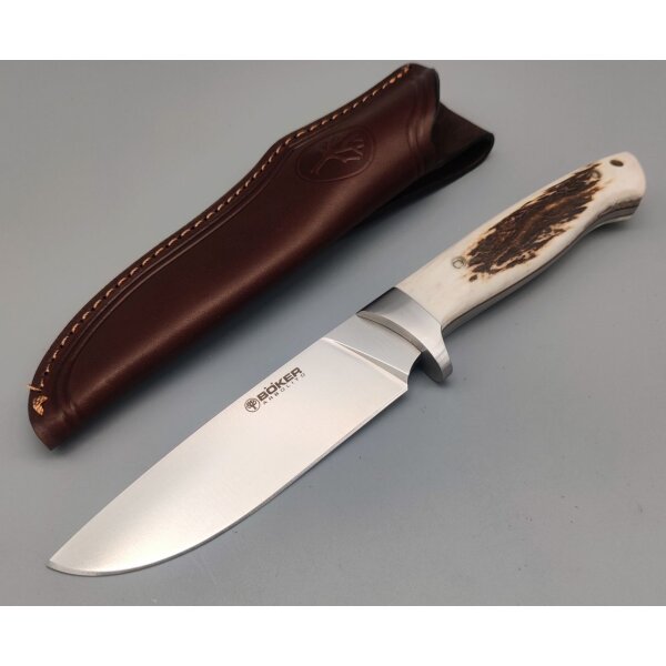 Böker Arbolito Hunter Hirschhorn Jagdmesser N695 Stahl Lederscheide
