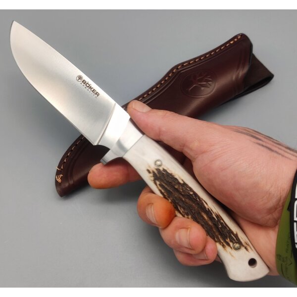 Böker Arbolito Hunter Hirschhorn Jagdmesser N695 Stahl Lederscheide