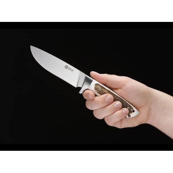 Böker Arbolito Hunter Hirschhorn Jagdmesser N695 Stahl Lederscheide