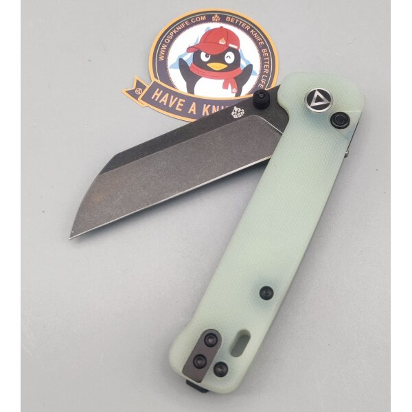 QSP Penguin Button Lock Pocket Knife 14C28N Blade Black Jade G10 Handle