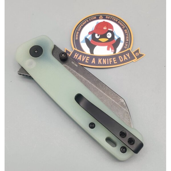 QSP Penguin Button Lock Pocket Knife 14C28N Blade Black Jade G10 Handle