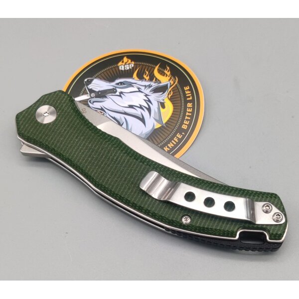 QSP Knife Walrus Folder D2 Stahl Green Micarta Stonewash