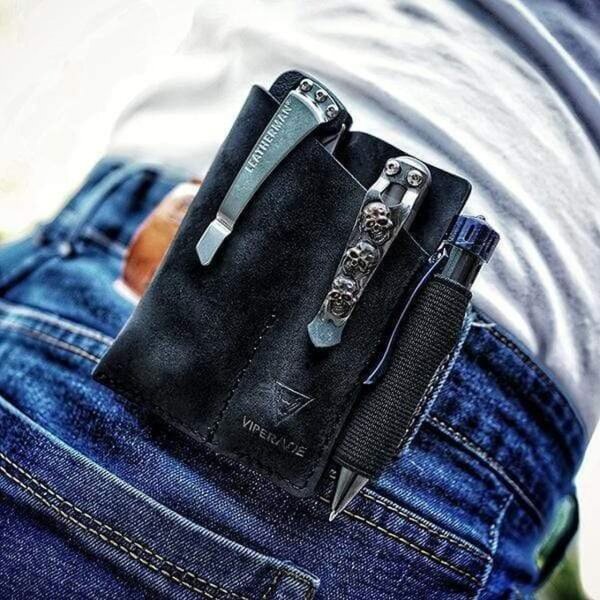 Viperade PJ12 Schwarz Lederholster für EDC Gear Taschenmesser u. Pen