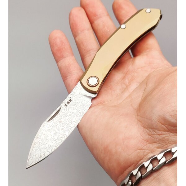 SanRenmu Messer 7315-TW Slipjoint Golden Sahara Damast Titangriff