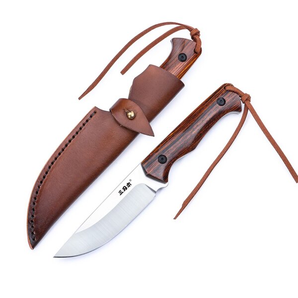Sanrenmu S771 Jagdmesser 14C28N Stahl Sandelholz Lederscheide