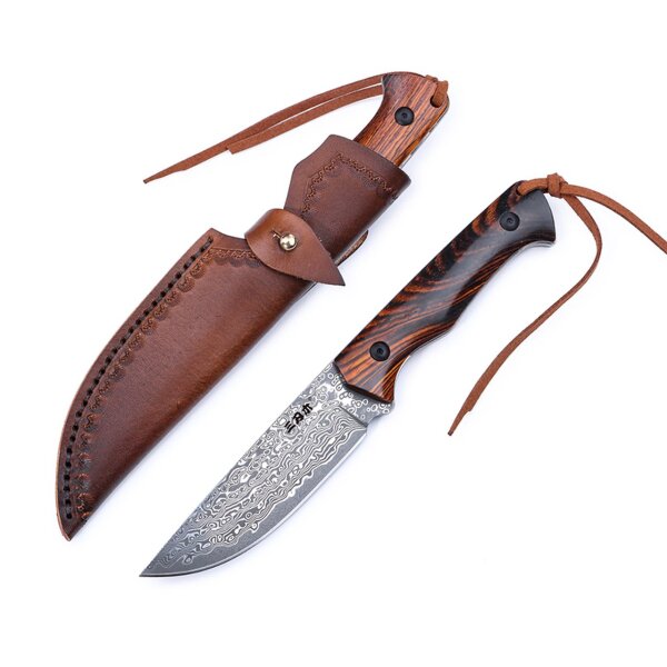 Sanrenmu S771-2 Damast Jagdmesser Damastmesser Sandelholz Lederscheide