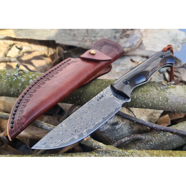Sanrenmu S771-2 Damast Jagdmesser Damastmesser Sandelholz Lederscheide