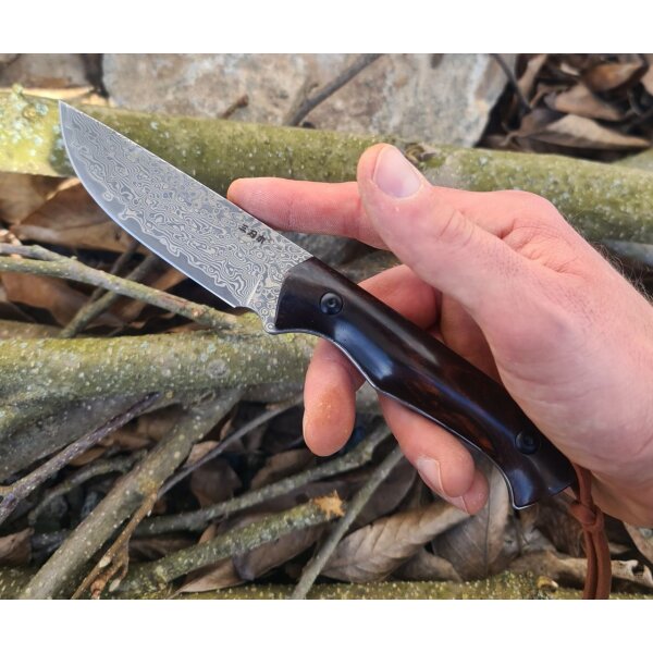 Sanrenmu S771-2 Damast Jagdmesser Damastmesser Sandelholz Lederscheide