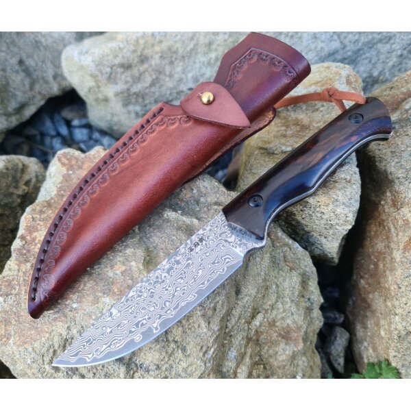 Sanrenmu S771-2 Damast Jagdmesser Damastmesser Sandelholz Lederscheide
