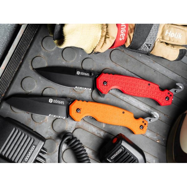 Dönges Professional Fire Rettungsmesser Rot Gurtschneider Glasbrecher Aluminium D2 Stahl 01DG004