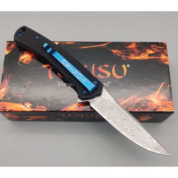 Tokisu Akogare Damast Flipper Damaststahl Blue Carbon