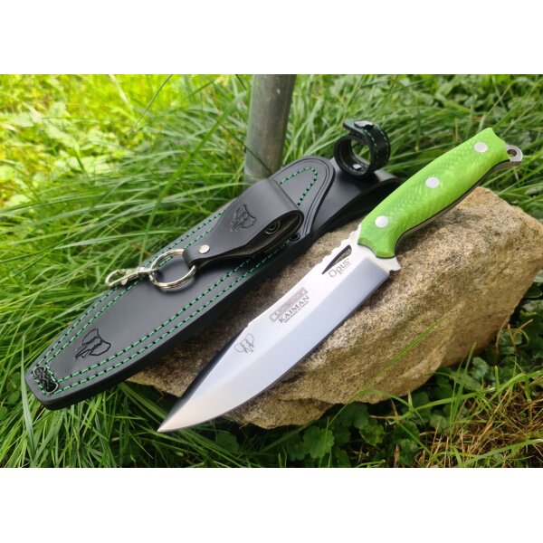 Cudeman Kaiman Opus Design 183-JV mit Böhler N-695 Stahl Juma Griffe in grün mit Lederscheide