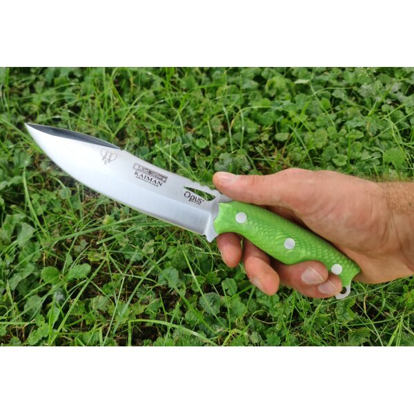 Cudeman Kaiman Opus Design 183-JV mit Böhler N-695 Stahl Juma Griffe in grün mit Lederscheide