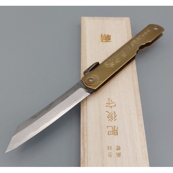Higonokami Aogami-Tanzou Damast 100 mm Heft Japanisches Taschenmesser Brass mit Holzbox