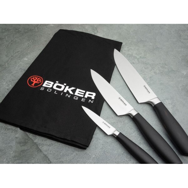 Böker Solingen Core Professional Messertrio mit Geschirrtuch 3 Messer mit x50CrMoV15 Stahl und