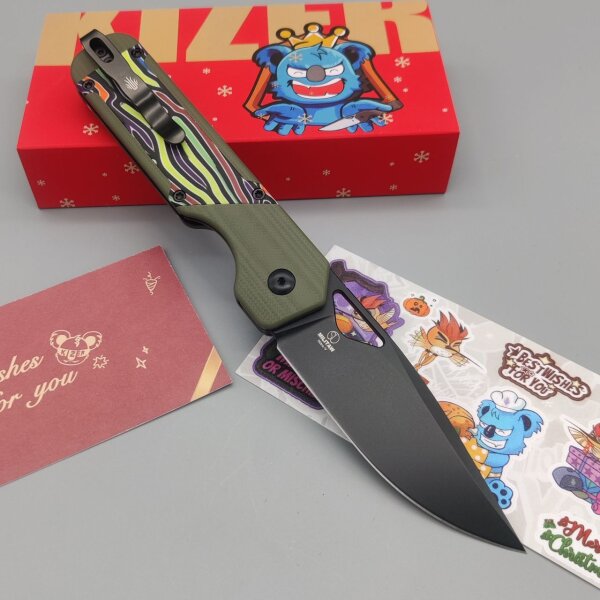 Kizer Militaw Frontflipper Nitro-V Stahl G10 Green Party Streamers