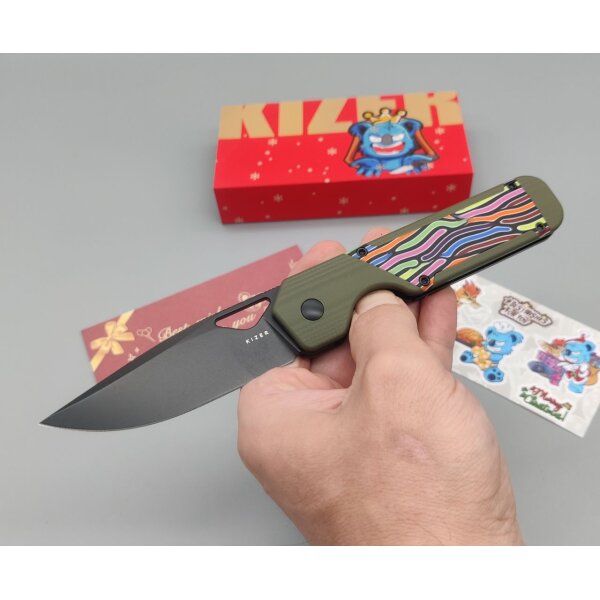 Kizer Militaw Frontflipper Nitro-V Stahl G10 Green Party Streamers