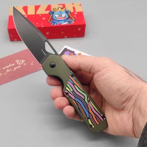 Kizer Militaw Frontflipper Nitro-V Stahl G10 Green Party Streamers