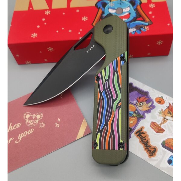 Kizer Militaw Frontflipper Nitro-V Stahl G10 Green Party Streamers