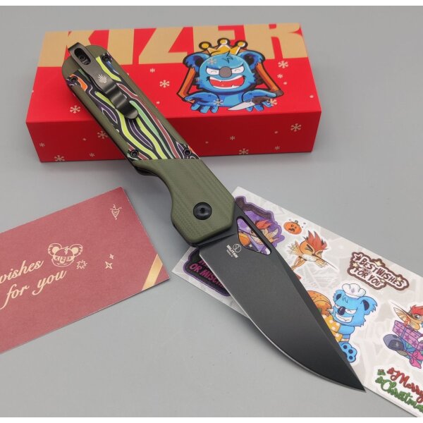 Kizer Militaw Frontflipper Nitro-V Stahl G10 Green Party Streamers