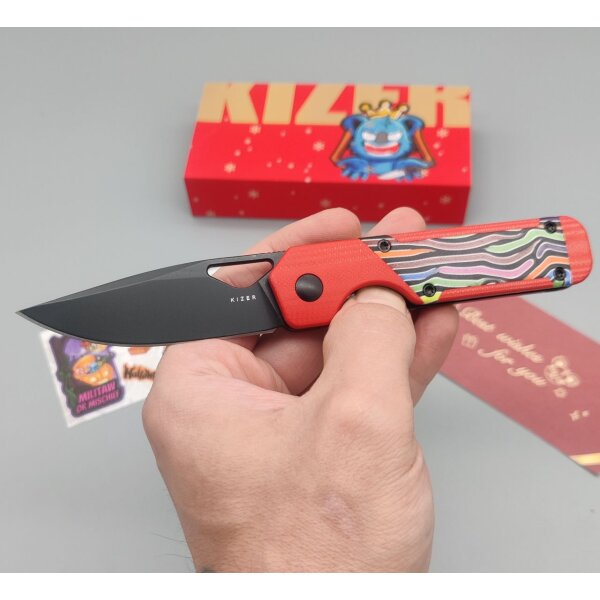 Kizer Mini Militaw Frontflipper Nitro-V Stahl G10 Red Party Streamers
