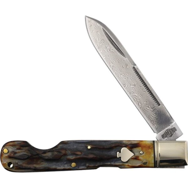 Rough Ryder Damast Cinnamon Bone Stag Messer mit Backlock und Knochengriffschalen Folding Knife Knochen