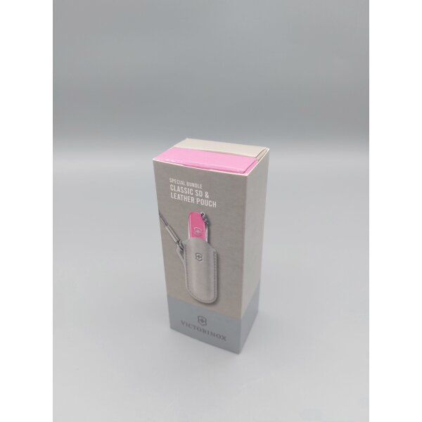 Victorinox CLASSIC SD Bundle Set Cherry Blossom Pink & Grey mit Lederpouch Mini Schweizer Taschenmesser Schlüsselanhänger