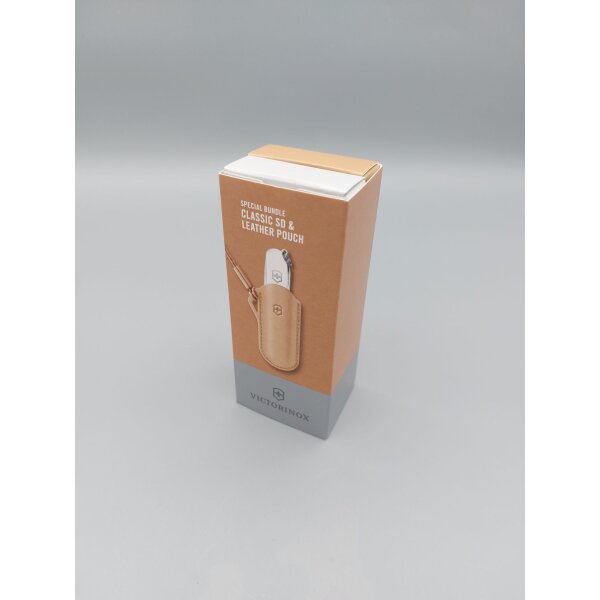 Victorinox CLASSIC SD Bundle Set Falling Snow Weiß & Beige mit Lederpouch Mini Schweizer Taschenmesser Schlüsselanhänger
