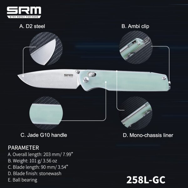 SRM Knives 258L-GC Terrier Ambi Lock Folder Jade D2 Stahl G10 Griff