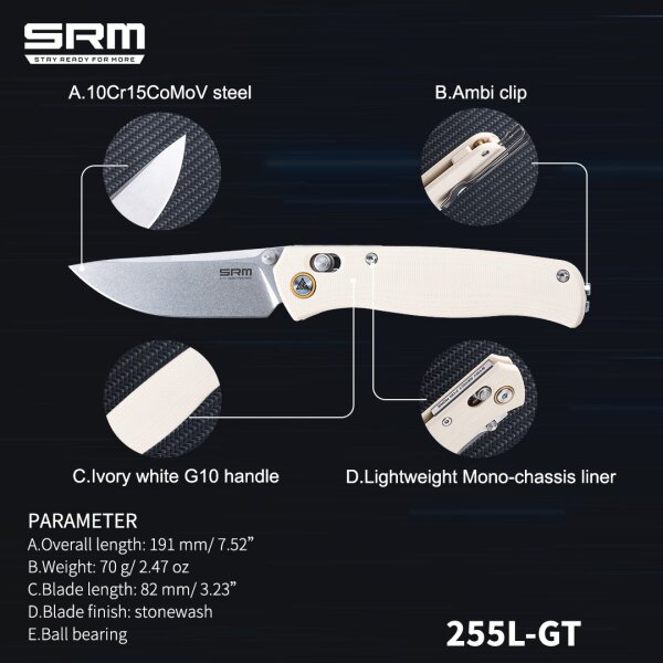 SRM Knives 255L-GT Medal Ambi Lock Folder weiß G10 white VG10 10Cr15CoMoV