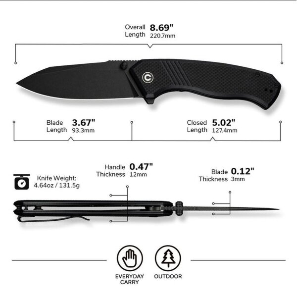 CIVIVI Placoid 14C28N Black Stonewashed Coarse G10 Black C23079-1
