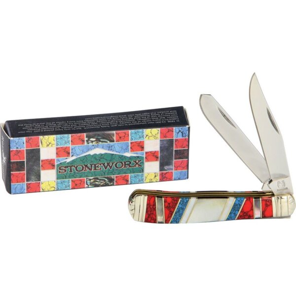 Rough Ryder Stoneworx Trapper mit Perlmut und Steinmix Mother of Pearl rot blau weiß Messer Taschenmesser Doppelklinge RR918