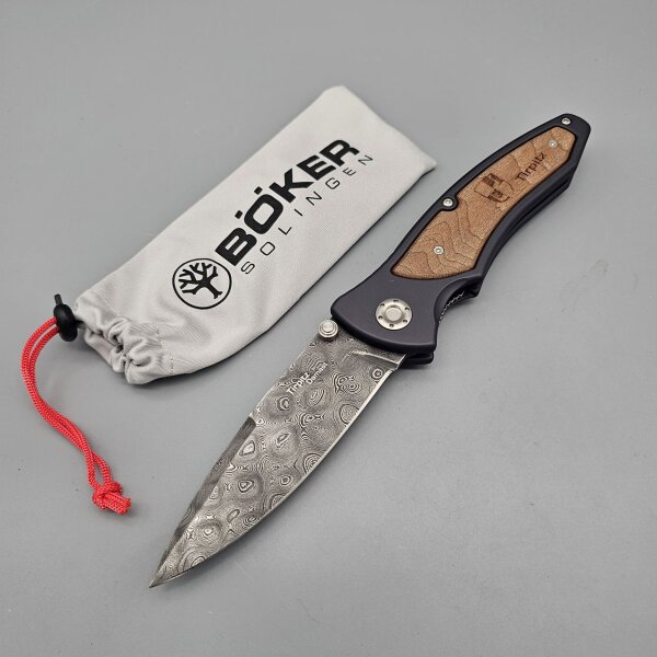 Böker Solingen Tirpitz Premium Damast Taschenmesser mit 300 Lagen Aluminiumgriff Holzinlay Sammlerbox