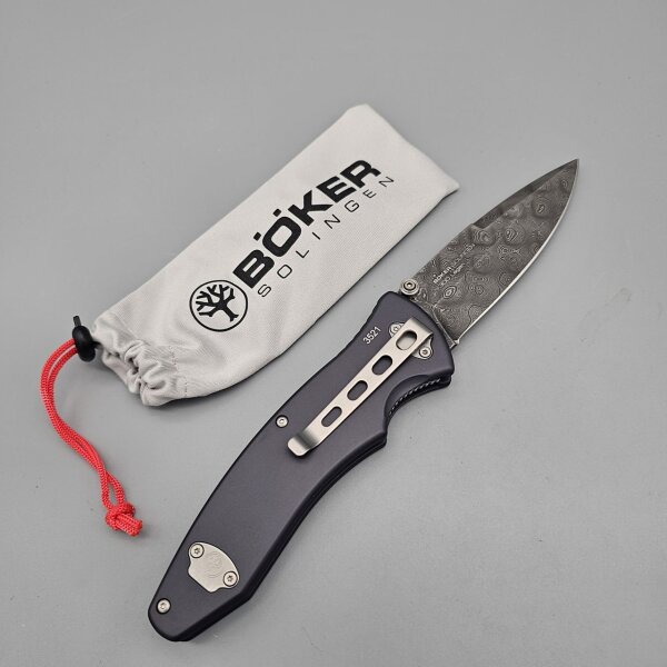 Böker Solingen Tirpitz Premium Damast Taschenmesser mit 300 Lagen Aluminiumgriff Holzinlay Sammlerbox