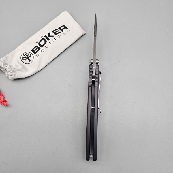 Böker Solingen Tirpitz Premium Damast Taschenmesser mit 300 Lagen Aluminiumgriff Holzinlay Sammlerbox