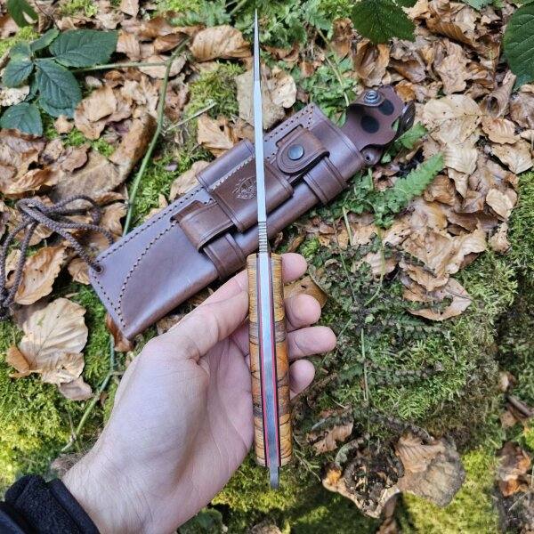 J&V Forester Knives Anubis Carbonstahl Haya stabilisierte Pappel Premium Holzgriff inkl. Lederscheide braun Handmade