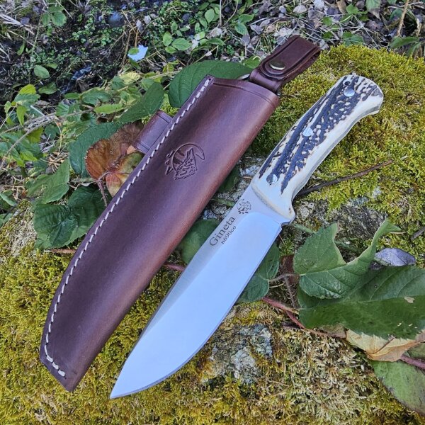 J&V Forester Knives Gineta Premium Messer mit N690co Stahl Hirschhorn Horn inkl. Lederscheide braun