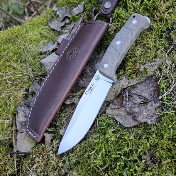 J&V Forester Knives Gineta Premium Messer mit N690co Stahl Yute Bison Micarta  inkl. Lederscheide braun