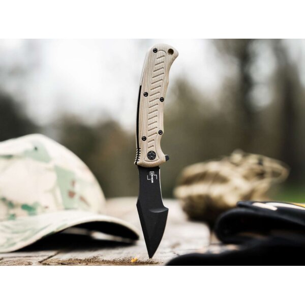 Böker Plus Micro Tracker Folder 154CM Stahl Micarta Braun Beige 01BP0002