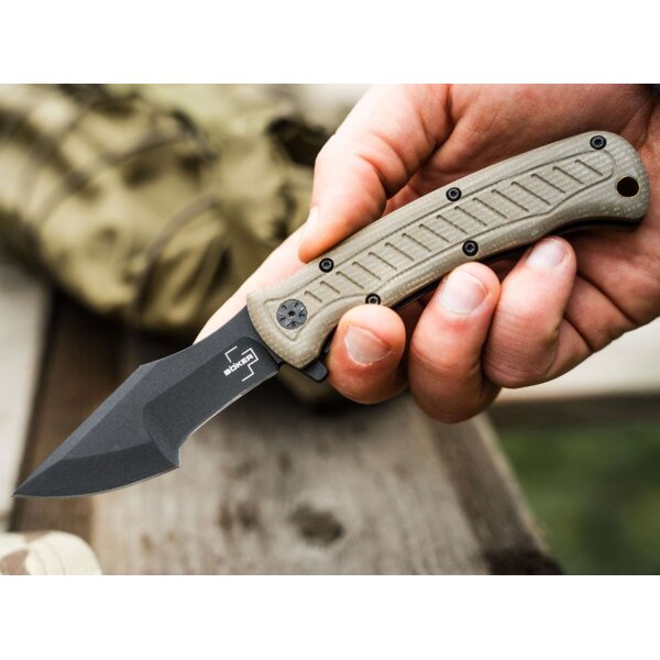 Böker Plus Micro Tracker Folder 154CM Stahl Micarta Braun Beige 01BP0002