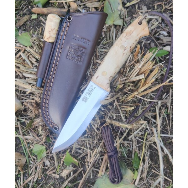 Joker Ranger Scandi 14C28N Stahl Maserbirke Bushcraft Lederscheide Feuerstarter