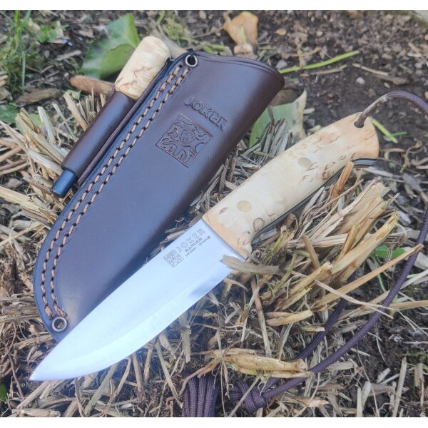 Joker Ranger Scandi 14C28N Stahl Maserbirke Bushcraft Lederscheide Feuerstarter