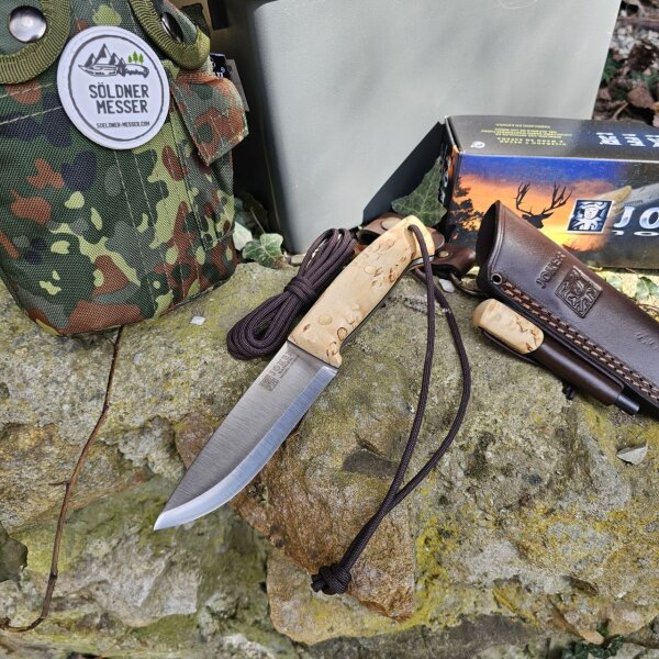 Joker Ranger Scandi 14C28N Stahl Maserbirke Bushcraft Lederscheide Feuerstarter