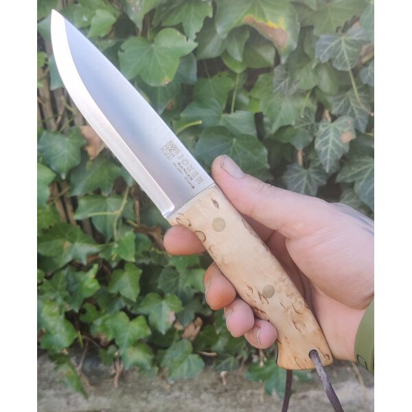 Joker Ranger Scandi 14C28N Stahl Maserbirke Bushcraft Lederscheide Feuerstarter