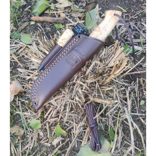 Joker Ranger Scandi 14C28N Stahl Maserbirke Bushcraft Lederscheide Feuerstarter