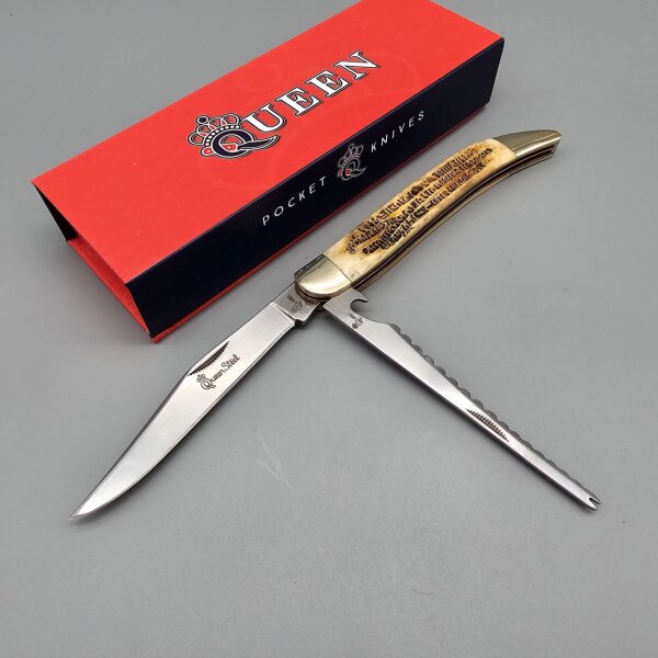 Queen Fischermesser Slipjoint Knochengriff mit Entschupper Fisch Filetieren 2.Wahl