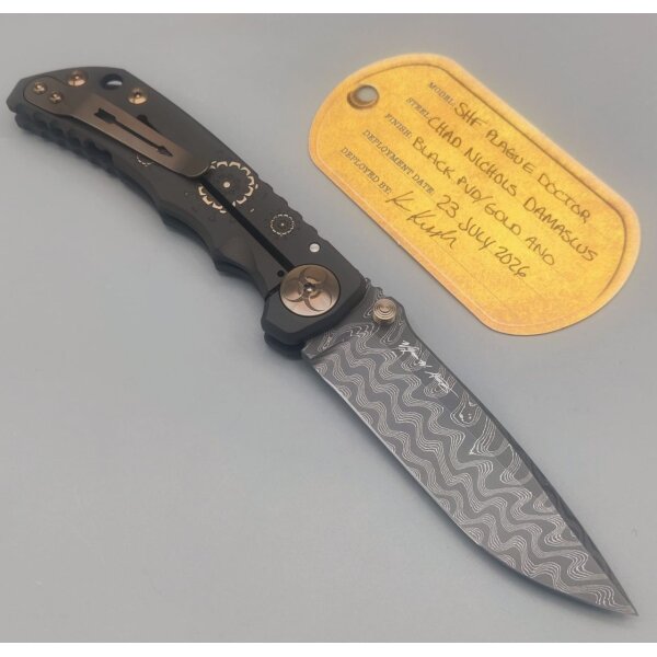 Spartan Blades SF5 Custom Damast Chad Nichols Harsey Folder - PLAGUE DOCTOR Black & Gold Schwarz